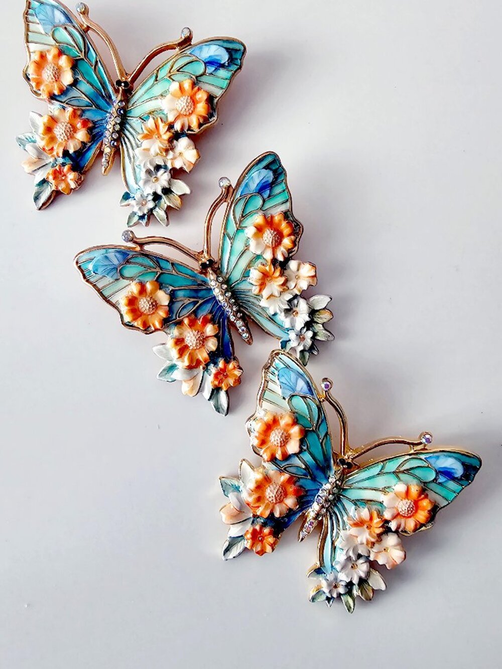 Vintage Style Floral Enamel Butterfly Brooch Pin with Rhinestones